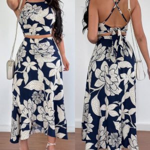 2 Pieces Outfit Floral Print Halter Spaghetti Strap Top Floral Print Lace-up Backless Dress, women Two-piece Sets, ChicMe catalog