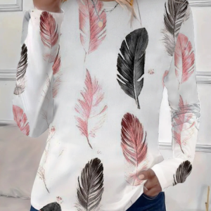 Women Feather Long Sleeve Tee T-shirt Crew Neck Printing Casual Spring/Fall Graphic Tee Top, JustFashionNow T-Shirts, color:White|size:XXL,