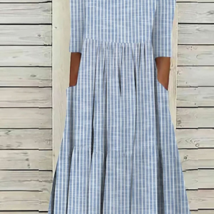 Women Striped Short Sleeve Summer Printing Dress Crew Neck Daily Casual Maxi Shift Dress H-Line Dress, JustFashionNow Casual Dresses, color:Blue|size:4XL