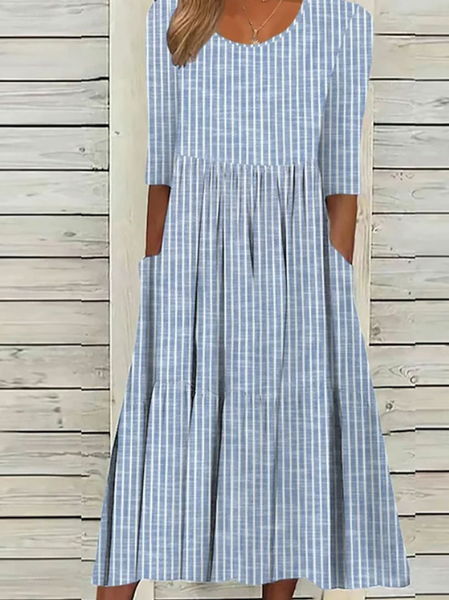 Women Striped Short Sleeve Summer Printing Dress Crew Neck Daily Casual Maxi Shift Dress H-Line Dress, JustFashionNow Casual Dresses, color:Blue|size:4XL