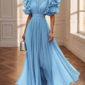 Elegant Plain Gathered Maxi Dress, Maxi Dresses, color:Blue|size:XXL, Stylewe