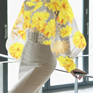 Elegant Floral Bow Balloon Sleeve Blouse With Sling, Blouses and Shirts, color:Yellow|size:XXL, Stylewe