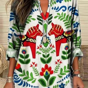 Shawl Collar Long Sleeve Floral Regular Loose Blouse For Women, Blouses, color:White|size:4XL, catalog Noracora shop