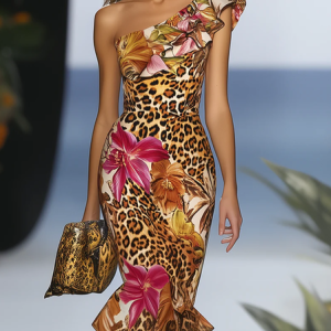 Urban Floral One Shoulder Sleeve Printing Midi Dress, Midi Dresses, color:As Picture|size:XXL, Stylewe