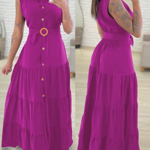 Turn-down Collar Sleeveless Button Front Dress Casual Belted Slit Ruched Maxi Dress, women Maxi Dresses, ChicMe catalog