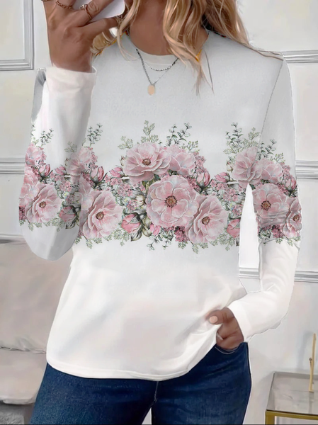 Women Floral Long Sleeve Tee T-shirt Crew Neck Printing Casual Spring/Fall Graphic Tee Top, JustFashionNow T-Shirts, color:White|size:XXL - Image 4
