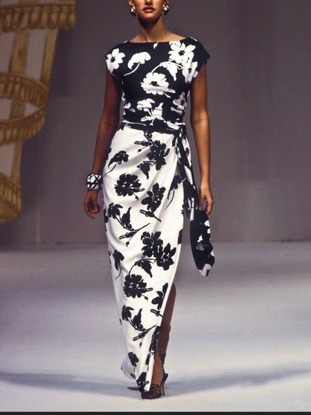 Elegant Floral Raglan Sleeve Side-Slit Boat Neck Maxi Party Dress, Maxi Dresses, color:Black-white|size:XXL, Stylewe