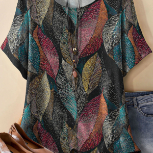 Vintage Leaf Crew Neck Three Quarter Sleeve T-shirt, T-shirts, color:As Picture|size:4XL, catalog Noracora shop