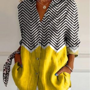Women Shirt Striped Print Color Block Loose Casual Shirt For Women, Shirts, color:Yellow|size:4XL, catalog Noracora shop