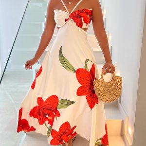 Floral Print Halter Tie Sleeveless Hollow-out Front Maxi Dress Casual Cutout Waist Backless Tie Back Vacation Dress, women Print Dresses, ChicMe catalog