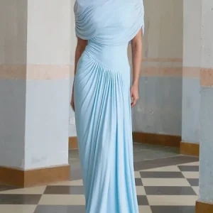 Elegant Plain Gathered Mock Neck Maxi Dress, Maxi Dresses, color:Blue|size:XXL, Stylewe