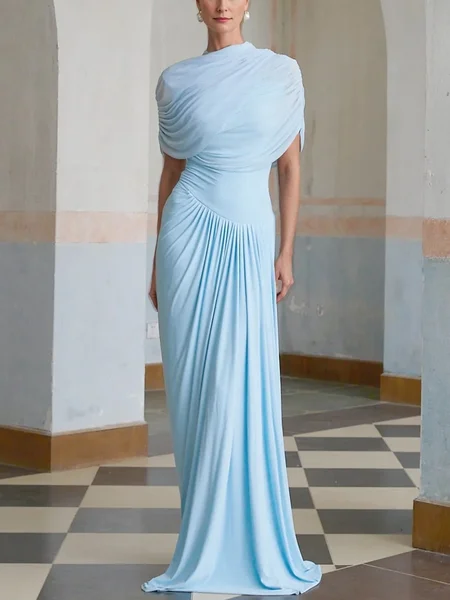 Elegant Plain Gathered Mock Neck Maxi Dress, Maxi Dresses, color:Blue|size:XXL, Stylewe