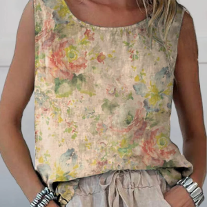Women Sleeveless Tank Top Camisole Summer Floral Printing Crew Neck Daily Casual Top, JustFashionNow Tanks & Camis, color:Apricot|size:4XL,