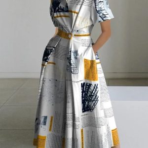 Casual Letter Pattern Printing Shirt Collar Midi Dress, Midi Dresses, color:As Picture|size:XXL, Stylewe