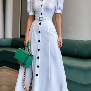 Urban Plain Puff Sleeve Pocket Stitching Shirt Collar Maxi Dress Belt, Maxi Dresses, color:White|size:XXL, Stylewe