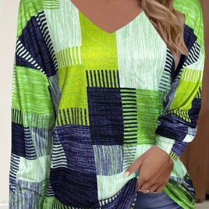 Women's Long Sleeve Tee T-shirt Spring/Fall Multicolor Block Printing V Neck Casual Graphic Tee Top, JustFashionNow T-Shirts, color:As Picture|size:XXL
