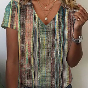 Women Striped Short Sleeve Tee T-shirt V Neck Printing Casual Summer Graphic Tee Top, JustFashionNow T-Shirts, color:As Picture|size:XXL