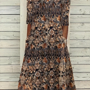 Women Floral Short Sleeve Summer Printing Dress V Neck Daily Casual Maxi Fit & Flare Dress H-Line Dress, JustFashionNow Casual Dresses, color:Brown|size:4XL,