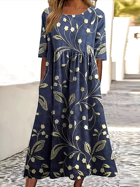 Women Floral Short Sleeve Summer Dress Crew Neck Daily Casual Maxi A-Line Dress, JustFashionNow Dresses, color:Purplish Blue|size:4XL,