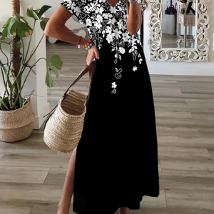 Women Floral Short Sleeve Summer Printing Dress V Neck Daily Casual Maxi T-Shirt Dress X-Line Dress, JustFashionNow Casual Dresses, color:Black|size:3XL,