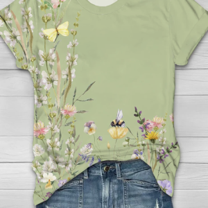 Women Floral Short Sleeve Tee T-shirt Crew Neck Printing Casual Summer Graphic Tee Top, JustFashionNow T-Shirts, color:Green|size:XXL