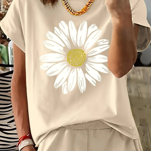 Vintage Daisy Crew Neck Short Sleeve T-shirt, T-shirts, color:Khaki|size:XXL, catalog Noracora shop