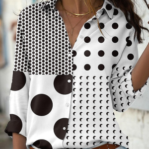 Women Polka Dots Long Sleeve Shirt Spring/Fall Shirt Collar Daily Casual Top, JustFashionNow Blouses, color:As Picture|size:4XL,
