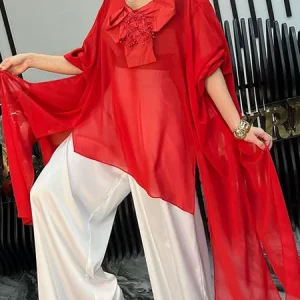 Casual Plain 3D Floral Crew Neck Blouse, Blouses and Shirts, color:Red|size:XXL, Stylewe
