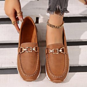 Ladies New Style Metal Chain Flat Thick Sole Casual Loafers Flat Shoes, JustFashionNow Loafers, color:Brown|size:43,