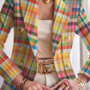 Urban Pastel Plaid Buttoned Lapel Collar Blazer, Blazers, color:As Picture|size:XXL, Stylewe