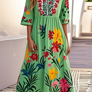 Women Floral Crew Neck Short Sleeve Comfy Casual Maxi Dress, Maxi, color:Green|size:3XL, catalog Noracora shop