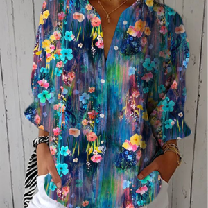Women Floral Three Quarter Sleeve Shirt Spring/Fall Printing Shirt Collar Daily Casual Top, JustFashionNow Shirts, color:Blue|size:5XL,