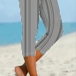 Women Striped Capris Elastic Waist Pants Casual Summer Trousers, JustFashionNow Leggings, color:Black|size:XXL,