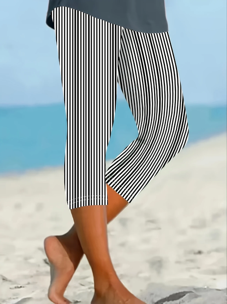 Women Striped Capris Elastic Waist Pants Casual Summer Trousers, JustFashionNow Leggings, color:Black|size:XXL,