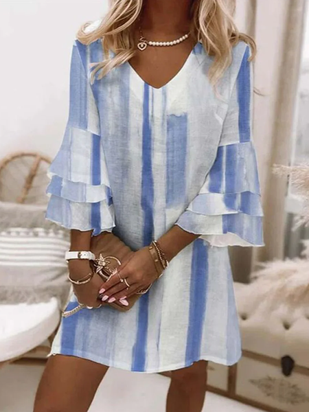 Women Floral Half Sleeve Summer Dress V Neck Daily Boho Midi Beach Dress H-Line Dress, JustFashionNow Dresses, color:As Picture|size:4XL,