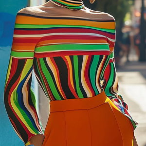 Urban Striped Printing Off The Shoulder Blouse, Blouses and Shirts, color:As Picture|size:XXL, Stylewe