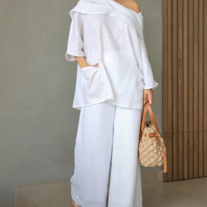 2 Pieces Outfit Folded Lapel Batwing Sleeve Pocket Design Top and Casual Strechy Waist Wide Leg Pants Set, women Two-piece Sets, ChicMe catalog