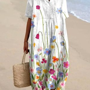 Women Floral Summer Dress V Neck Short Sleeve A-Line Dress, Maxi, color:White|size:4XL, catalog Noracora shop