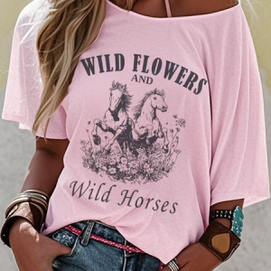 Western Style Round Neck Colored Cotton Short Sleeve T-Shirt, T-shirts, Lilicloth.com