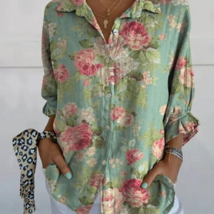 Women Floral Three Quarter Sleeve Shirt Spring/Fall Printing Shirt Collar Daily Casual Top, JustFashionNow Shirts, color:Green|size:5XL,