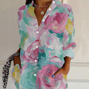 Women Floral Long Sleeve Shirt Spring/Fall Buckle Shirt Collar Daily Casual Top, JustFashionNow Shirts, color:Green|size:S,
