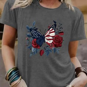 Casual Butterfly Crew Neck Short Sleeve T-shirt, T-shirts, color:Gray|size:4XL, catalog Noracora shop