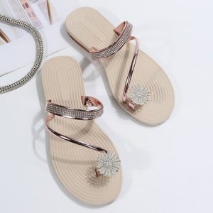Large Size Women's Toe Sandals Summer New European And American Women's Beach Sandals Rhinestone Flower Flat Slippers, JustFashionNow Slippers, color:Rose Gold|size:43,