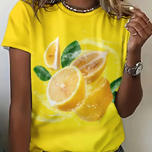 Women Lemon Short Sleeve Tee T-shirt Crew Neck Printing Casual Summer Graphic Tee Top, JustFashionNow T-Shirts, color:Yellow|size:XXL,