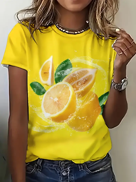 Women Lemon Short Sleeve Tee T-shirt Crew Neck Printing Casual Summer Graphic Tee Top, JustFashionNow T-Shirts, color:Yellow|size:XXL,