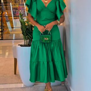 V-Neck Ruffles Flutter Sleeve Zipper Back Dress Casual Backless Tied Back Ruffle Hem Maxi Dress, women Casual Dresses, ChicMe catalog