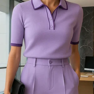 Urban Color Block Buttoned Polo Collar Knit Top, Pullovers, color:lavender|size:XXL, Stylewe
