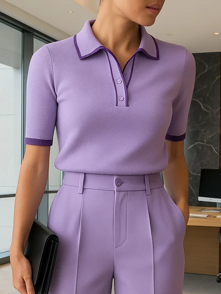 Urban Color Block Buttoned Polo Collar Knit Top, Pullovers, color:lavender|size:XXL, Stylewe