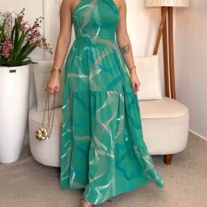 Abstract Line Print Halter Sleeveless Ruffle Hem Maxi Dress Casual Shirred Cinched Waist Vacation Dress, women Maxi Dresses, ChicMe catalog