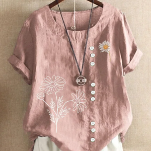 Casual Cotton Floral Daisy Print Summer Blouse For Women, Blouses, color:Dusty Pink|size:4XL, catalog Noracora shop